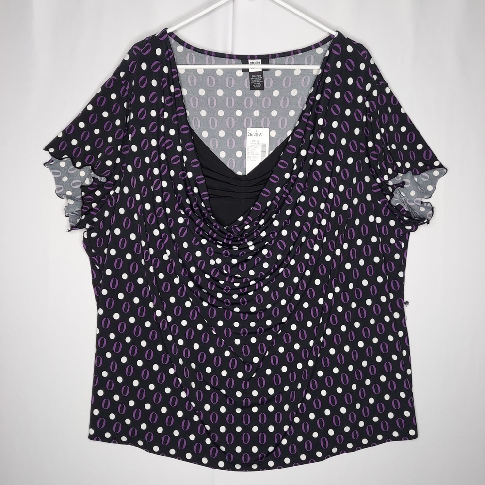 Studio1940 Y2K Top Women Purple Polka-dot Cowl Flutter 26/28 NEW